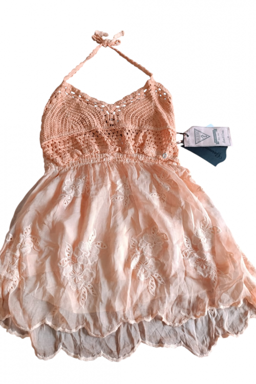 Top Guess halter tejido crochet con bordado floral en tono pastel