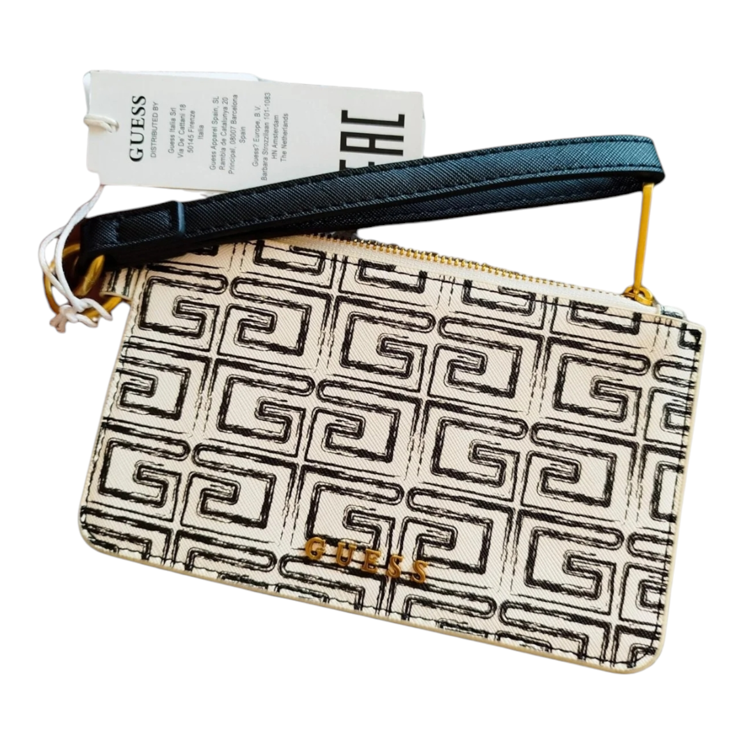 Bolso GUESS Wristlet Monogram – Beige & Negro